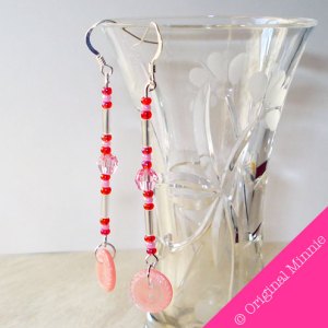 Original-Minnie-handmade-dangle-pink-bead-Earrings-with-pink-button,-and-sterling-silver-hooks