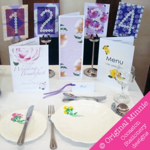 © Original Minnie handmade Wedding and Special Occasion Stationery table setting with menu, button table number, and hand painted crockery